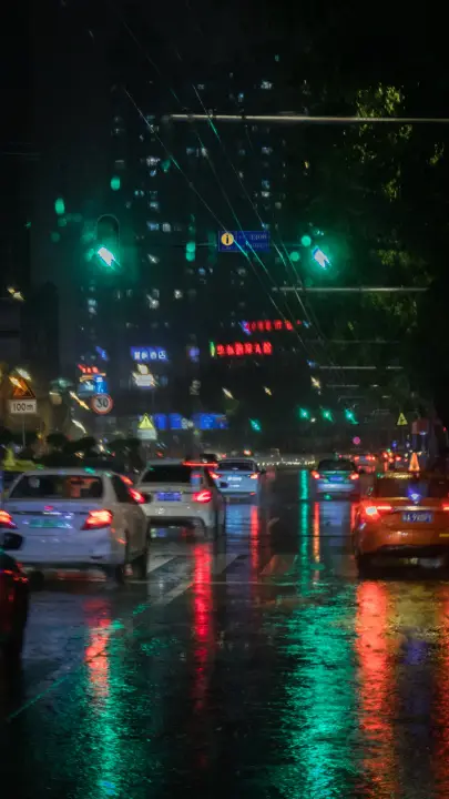 雨夜路口的车流与信号灯
