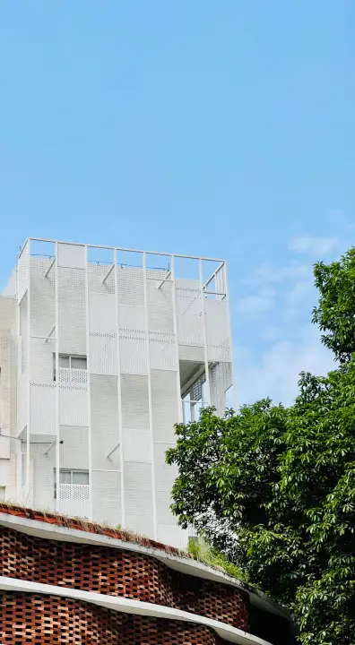 白色建筑立面与蓝天树影